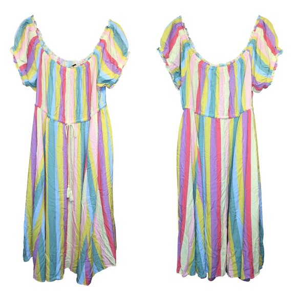 Torrid 3 Midi Challis Off Shoulder Dress Rainbow Striped Size 3X Rayon Festival - Picture 1 of 7